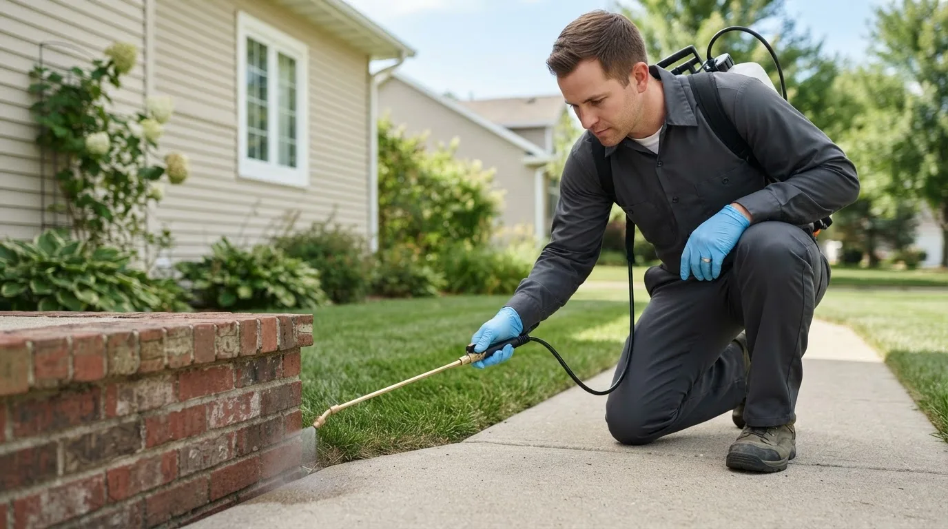 Pest control technician treating a home near Circleville, OH