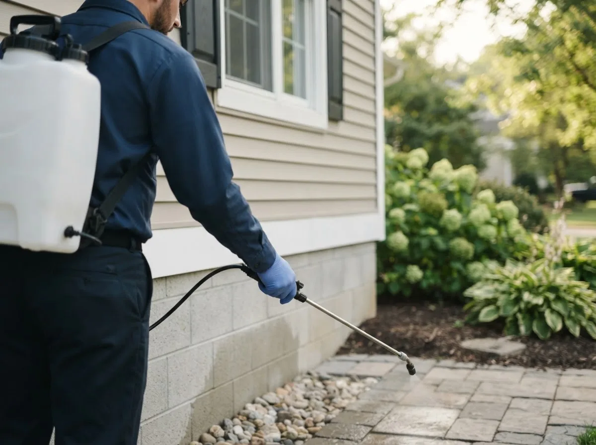 Pest control technician inspecting a home in Circleville, OH